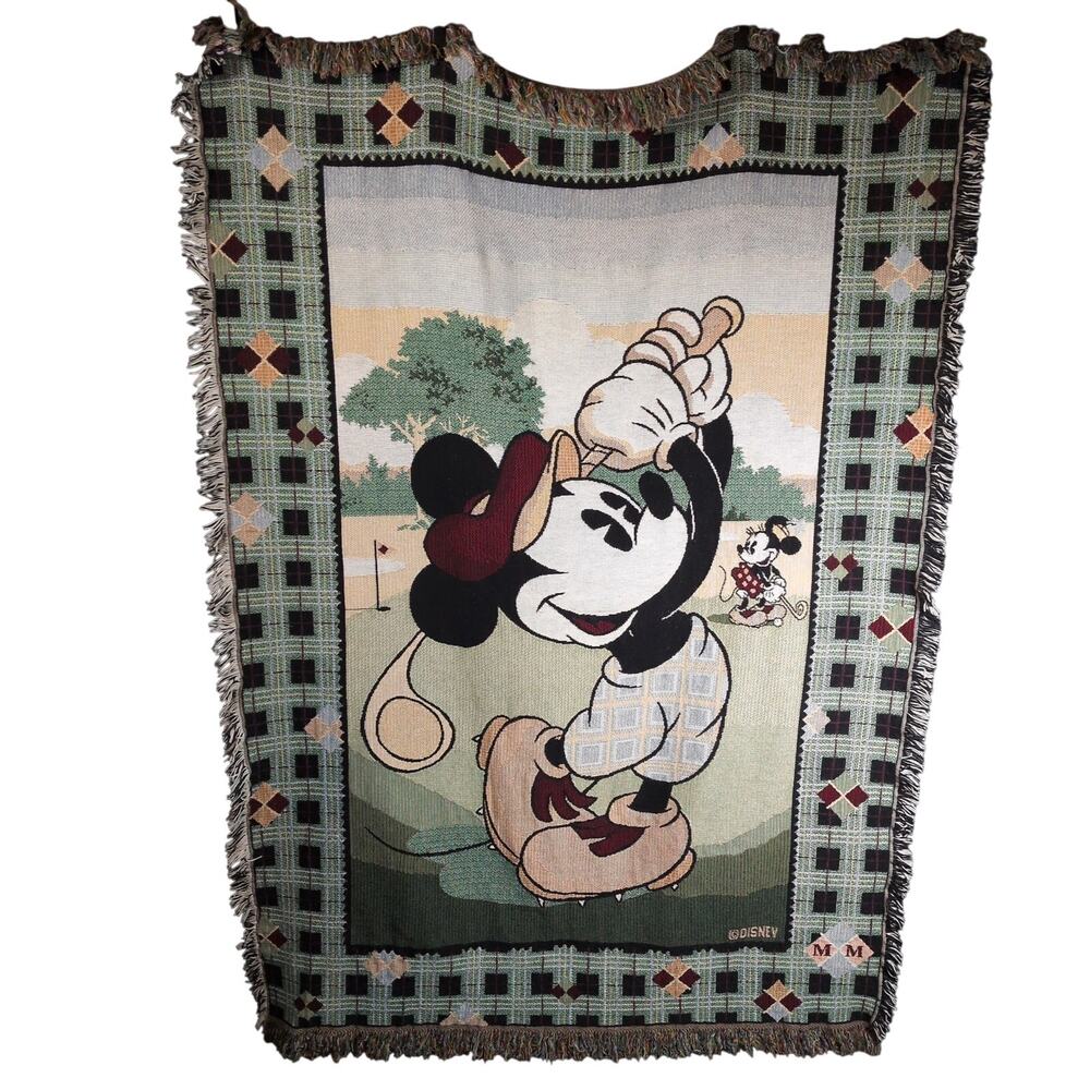 Vintage Disney Mickey & Co Golf Tapestry Argyle Woven Throw Blanket 65in x 46in